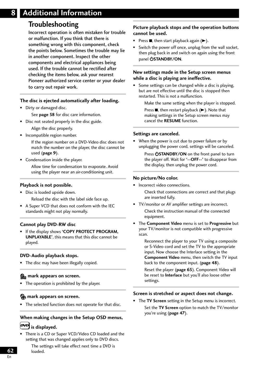 Pioneer DV-S733A operating instructions Troubleshooting 