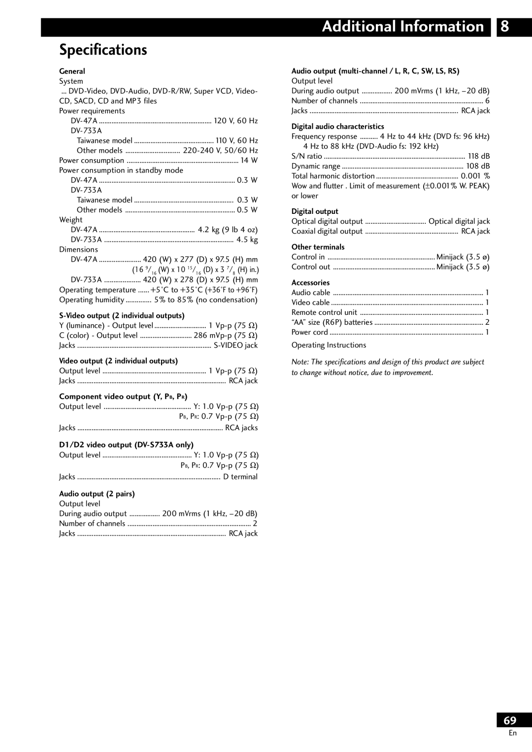 Pioneer DV-S733A operating instructions Specifications, General 