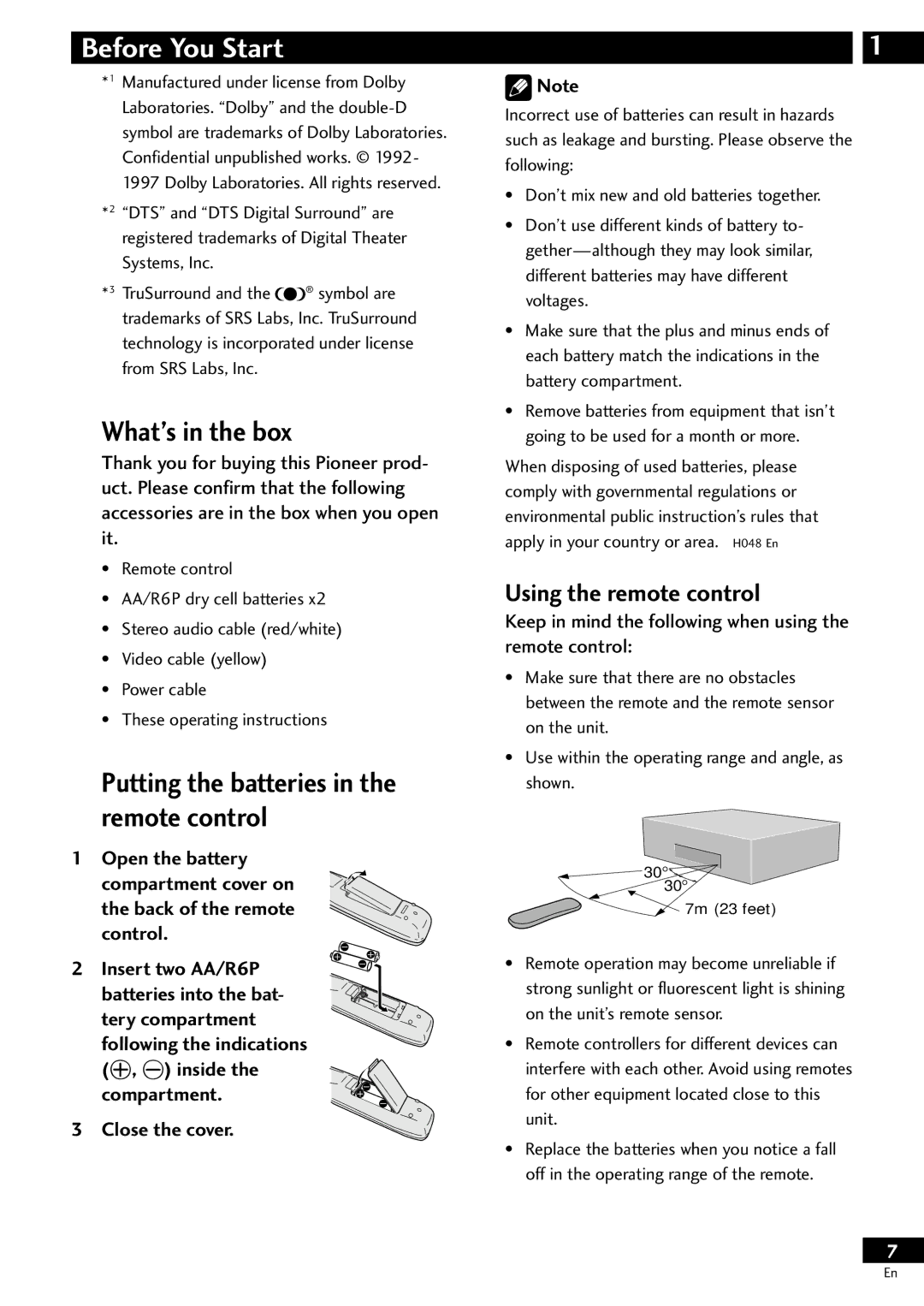 Pioneer DV-S733A operating instructions Before You Start, What’s in the box, Putting the batteries in the remote control 