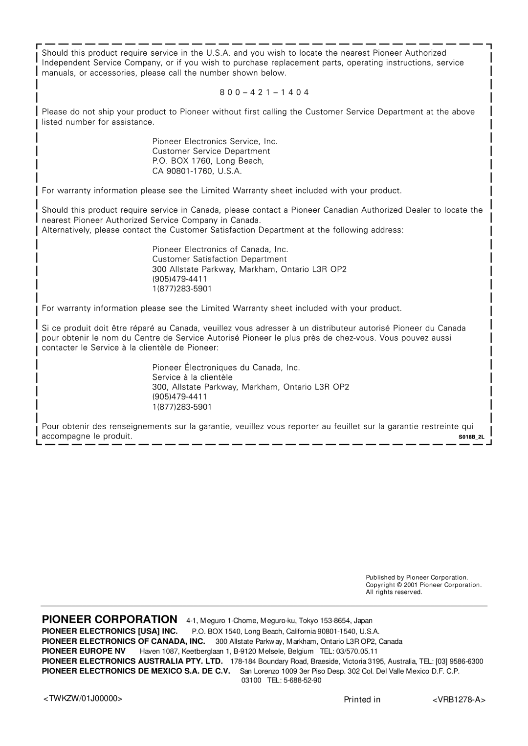 Pioneer DV-S733A operating instructions TWKZW/01J00000 Printed 