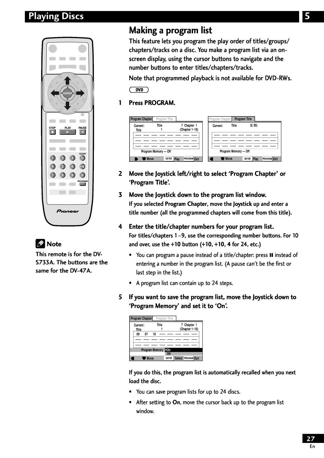 Pioneer DV-S733A Making a program list, Note that programmed playback is not available for DVD-RWs, Press PROGRAM 