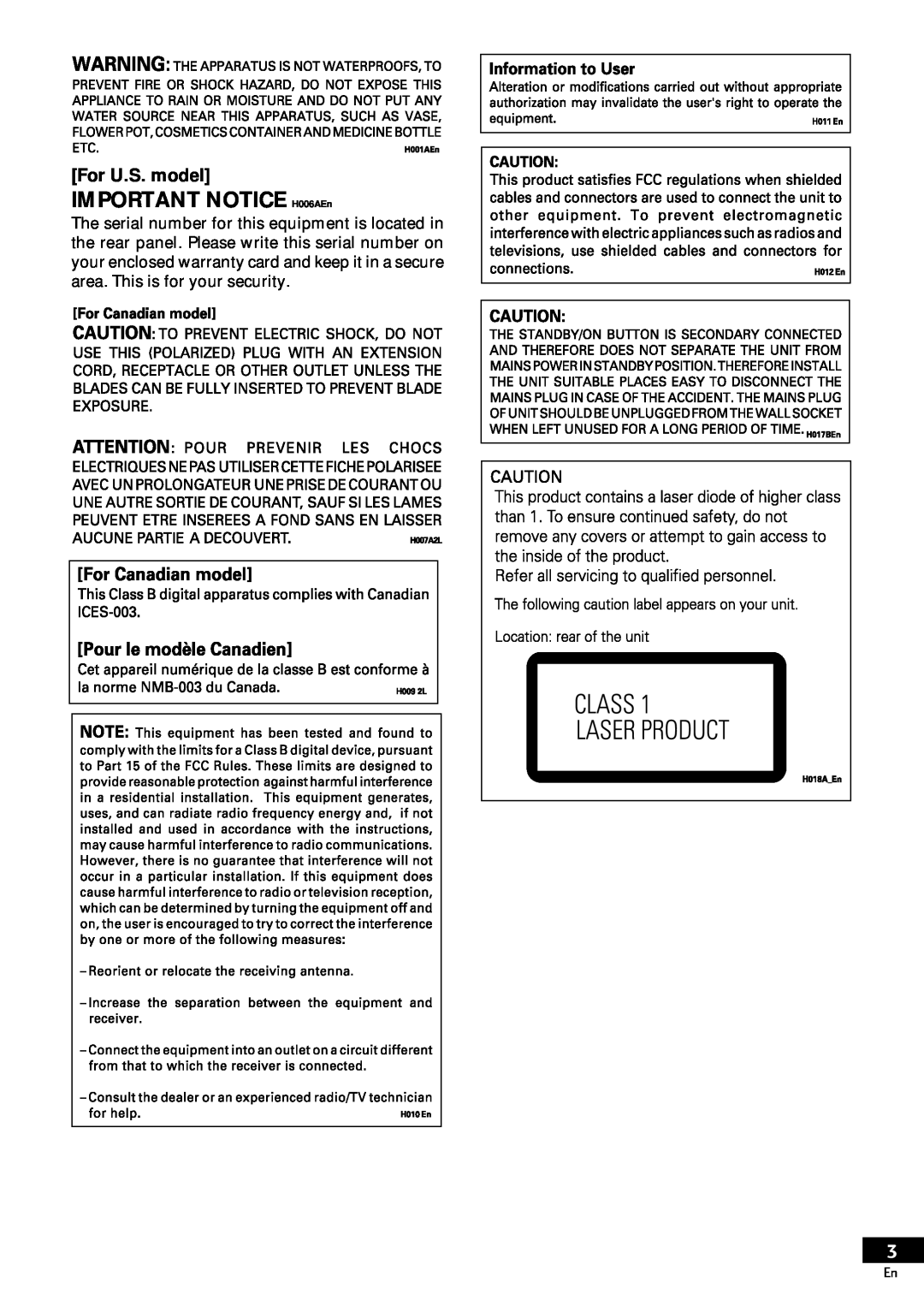 Pioneer DV-S733A operating instructions IMPORTANT NOTICE H006AEn, For U.S. model 