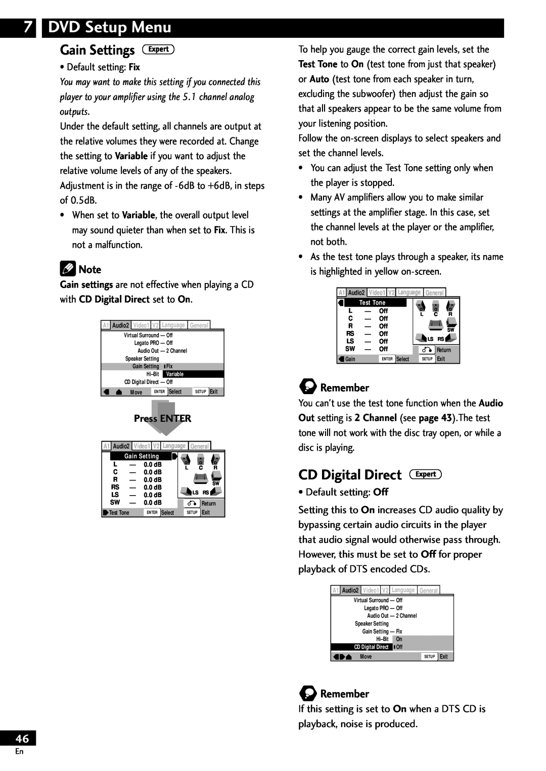 Pioneer DV-S733A operating instructions Gain Settings, CD Digital Direct, DVD Setup Menu, Remember 