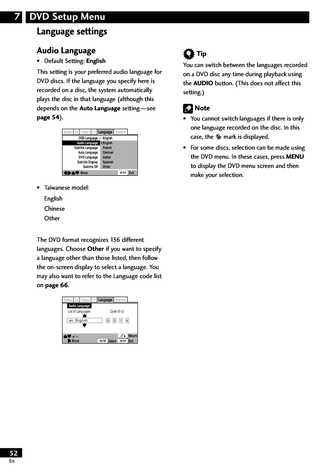 Pioneer DV-S733A operating instructions Audio Language, DVD Setup Menu Language settings 
