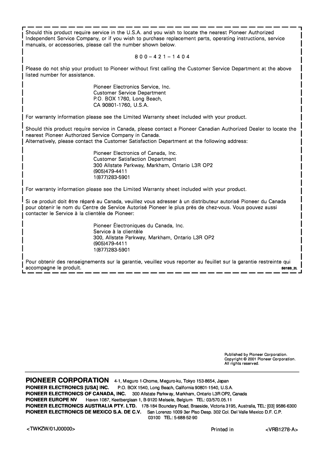 Pioneer DV-S733A operating instructions TWKZW/01J00000, Printed in, VRB1278-A 