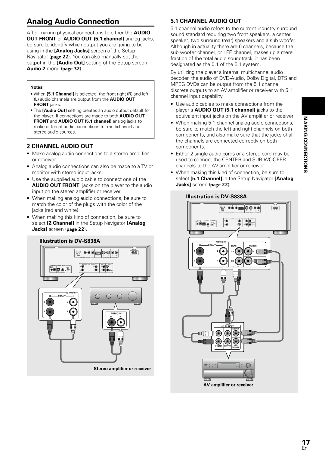 Pioneer DV-S88A, DV-SS838A Analog Audio Connection, Channel Audio OUT, Making Connections, Stereo amplifier or receiver 