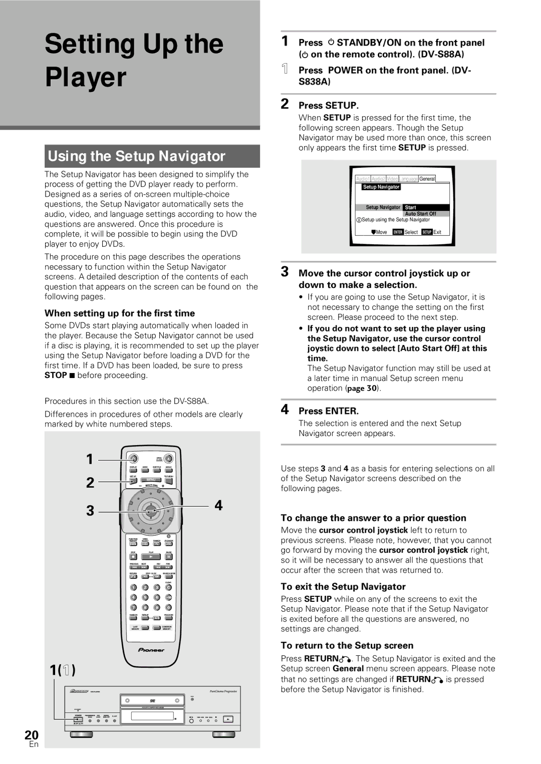 Pioneer DV-SS838A, DV-S88A operating instructions Setting Up the Player, Using the Setup Navigator 