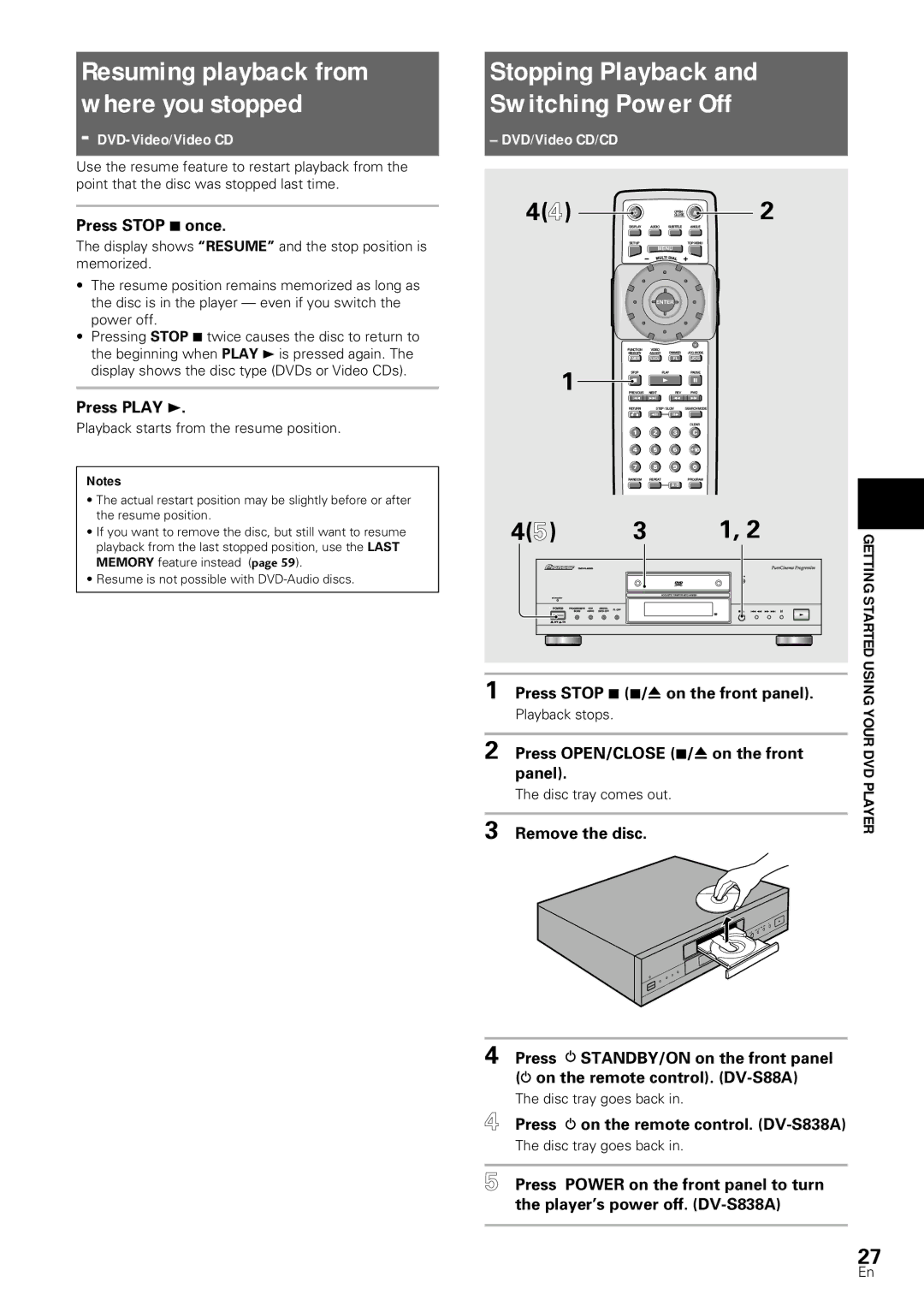 Pioneer DV-S88A, DV-SS838A operating instructions Stopping Playback Switching Power Off, DVD-Video/Video CD, DVD/Video CD/CD 