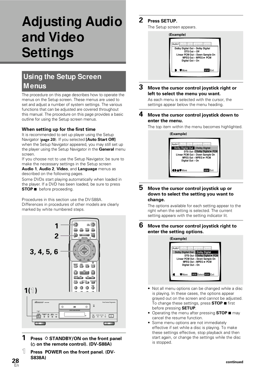 Pioneer DV-SS838A, DV-S88A operating instructions Adjusting Audio Video Settings, Using the Setup Screen Menus 