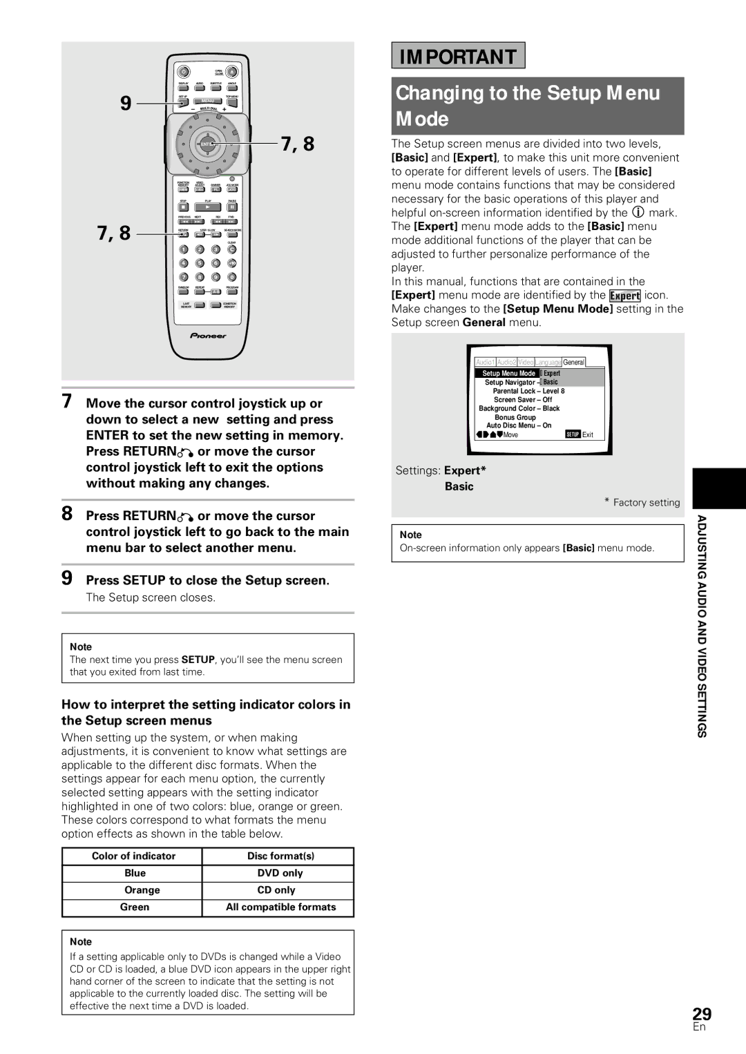 Pioneer DV-S88A Changing to the Setup Menu Mode, Press Setup to close the Setup screen, Adjustingaudioandvideosettings 