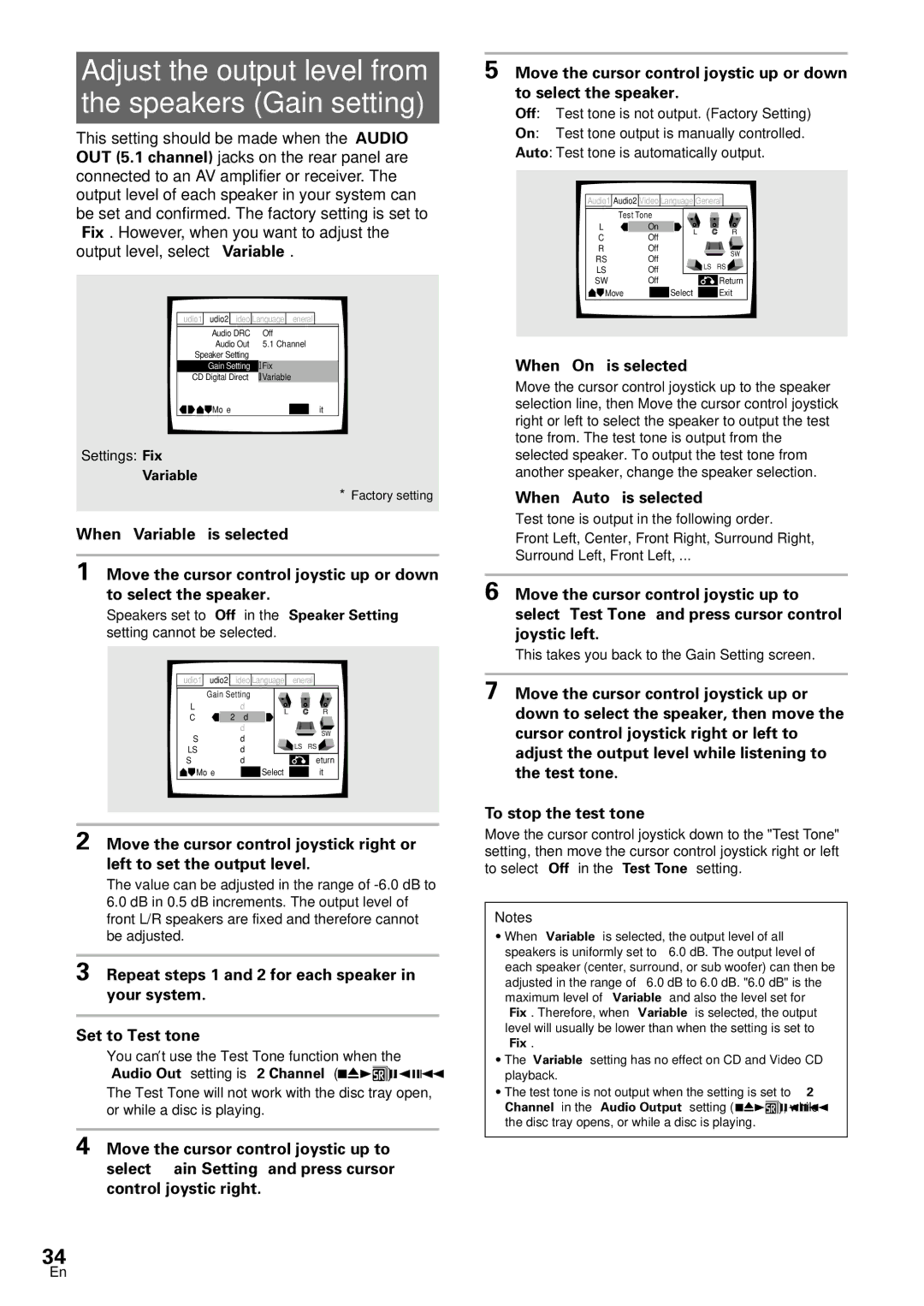 Pioneer DV-SS838A Adjust the output level from Speakers Gain setting, When On is selected, When Auto is selected, Variable 