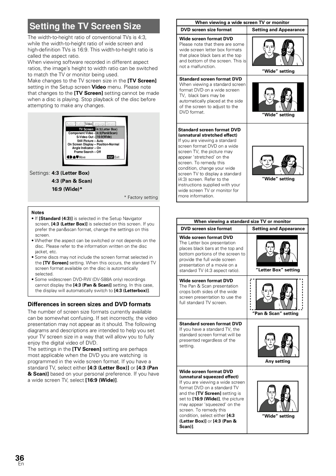 Pioneer DV-SS838A, DV-S88A operating instructions Setting the TV Screen Size, Differences in screen sizes and DVD formats 