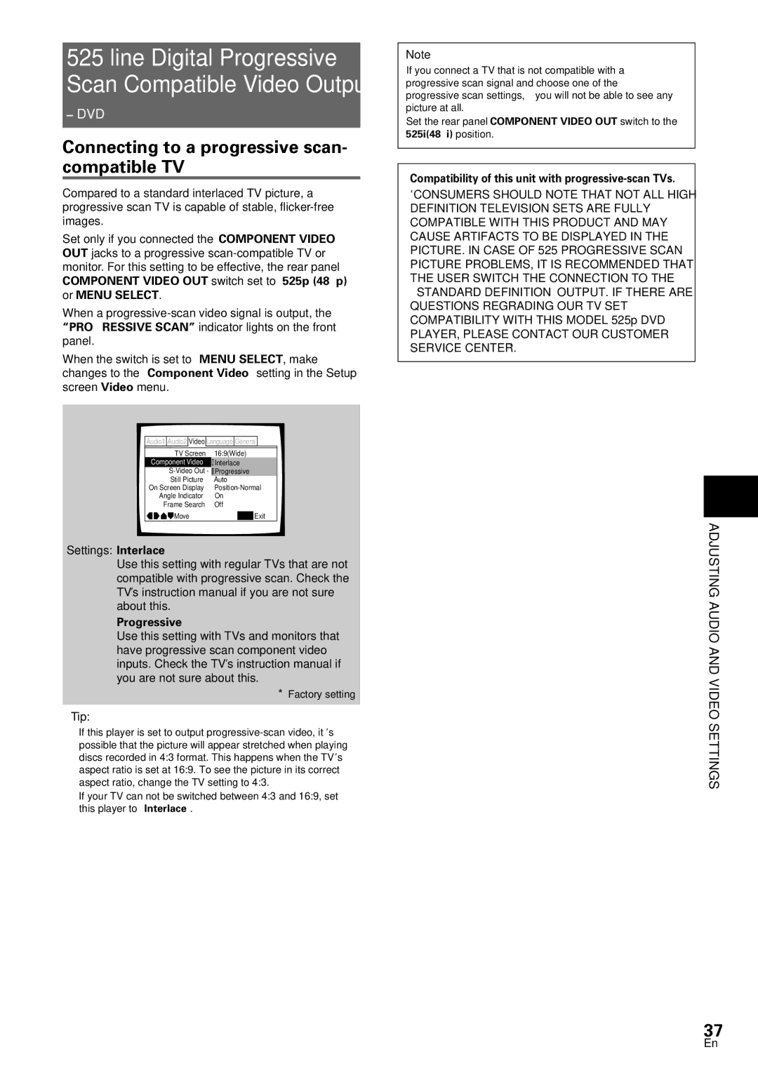 Pioneer DV-S88A, DV-SS838A Connecting to a progressive scan- compatible TV, Settings Interlace, Progressive, Tip 