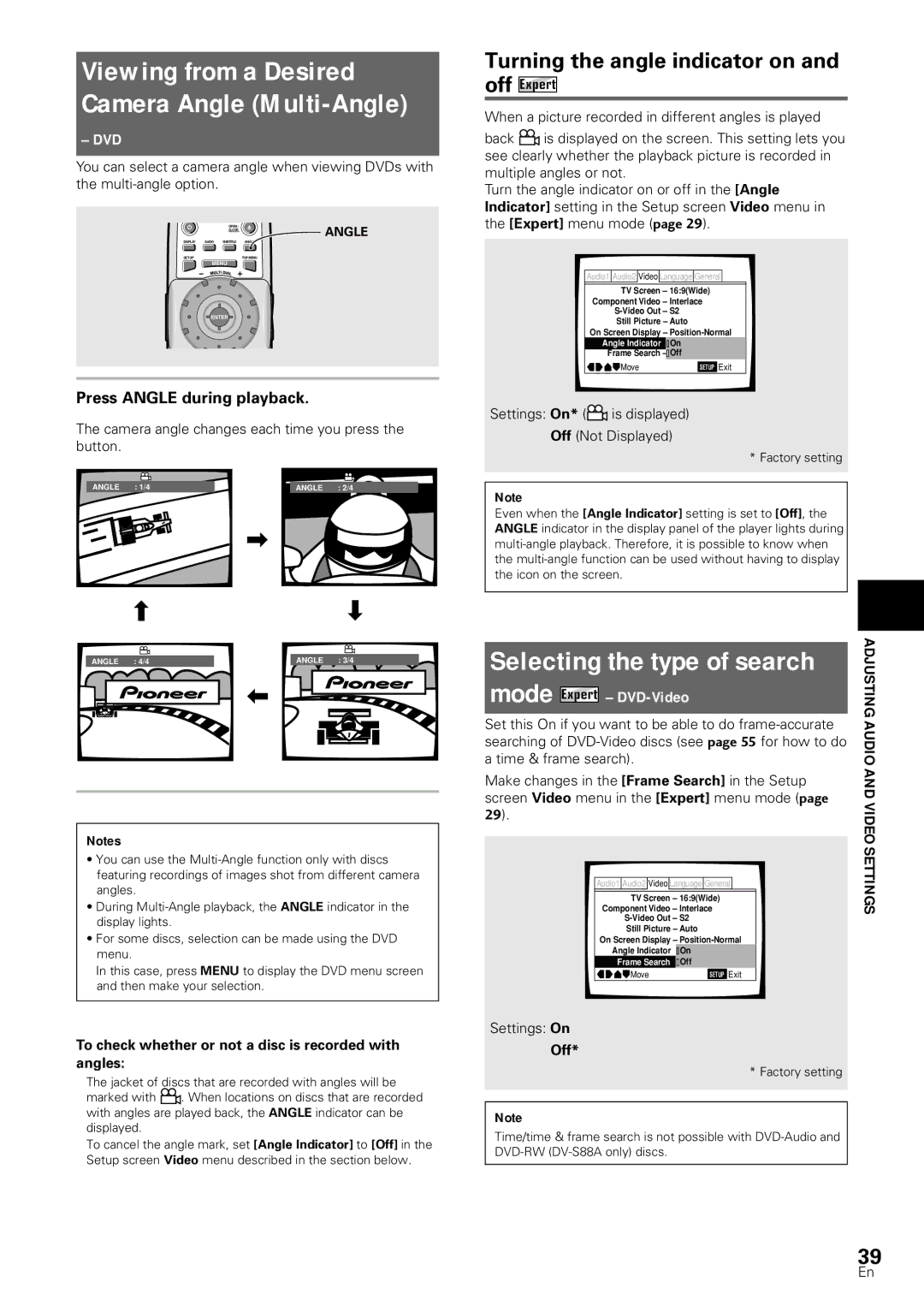 Pioneer DV-S88A Selecting the type of search, Turning the angle indicator on, Press Angle during playback, DVD-Video 