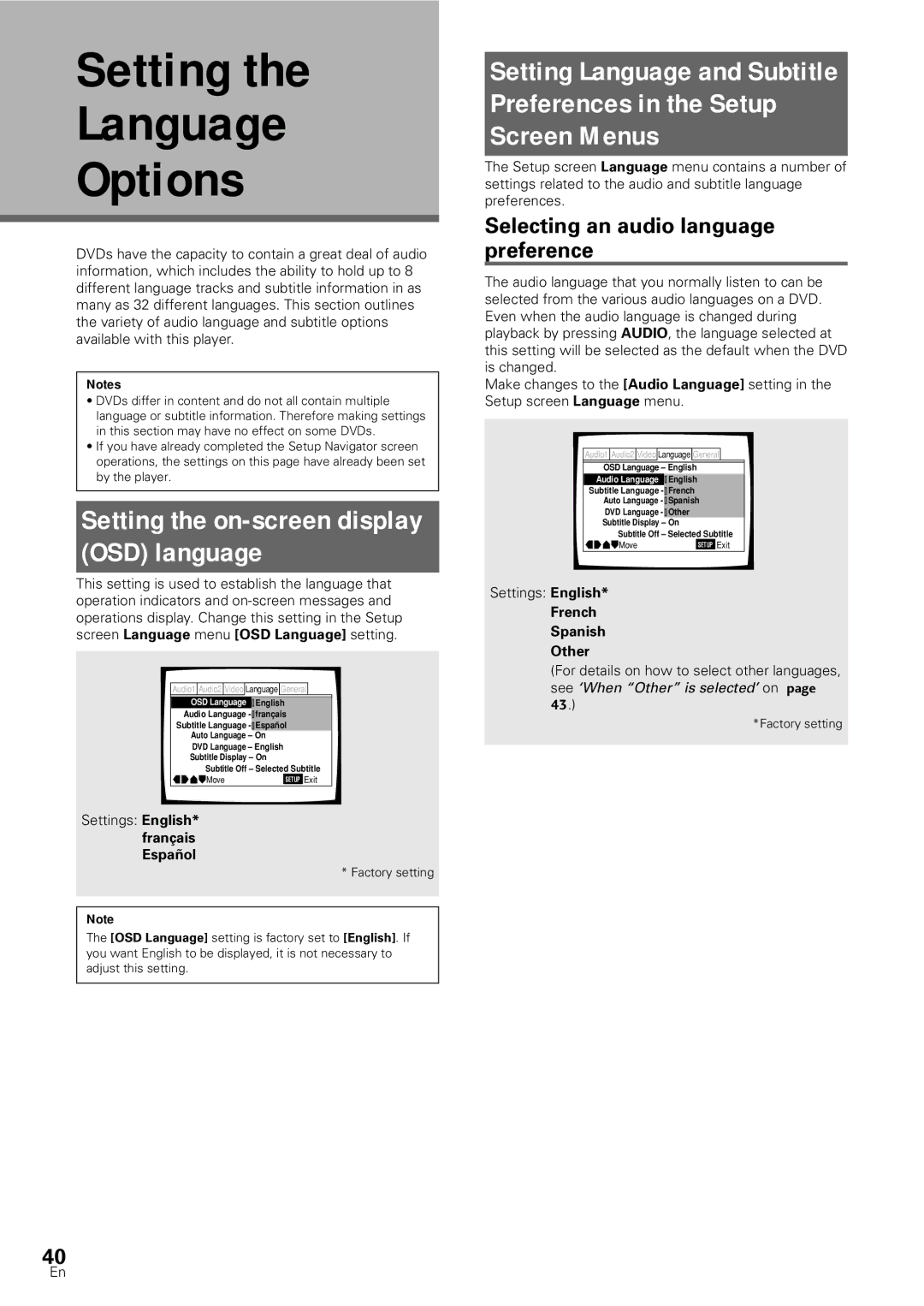 Pioneer DV-SS838A, DV-S88A Setting Language Options, Setting the on-screen display OSD language, French Spanish Other 