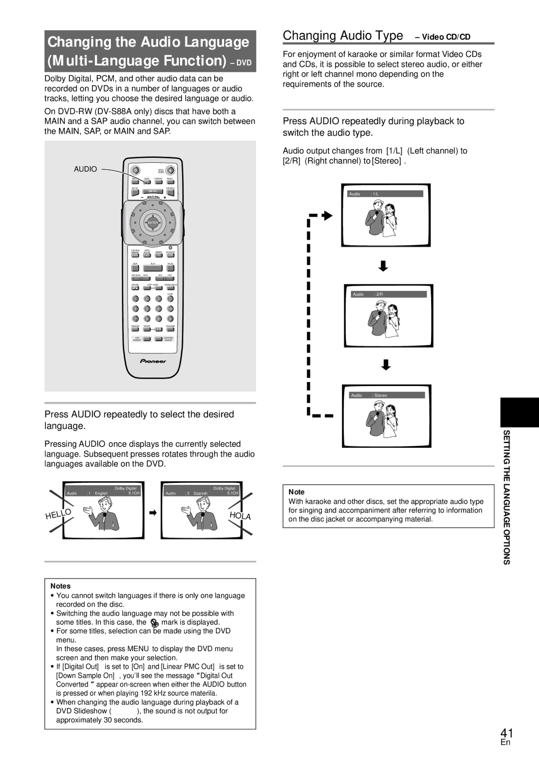 Pioneer DV-S88A, DV-SS838A Changing Audio Type Video CD/CD, Press Audio repeatedly to select the desired language, Options 