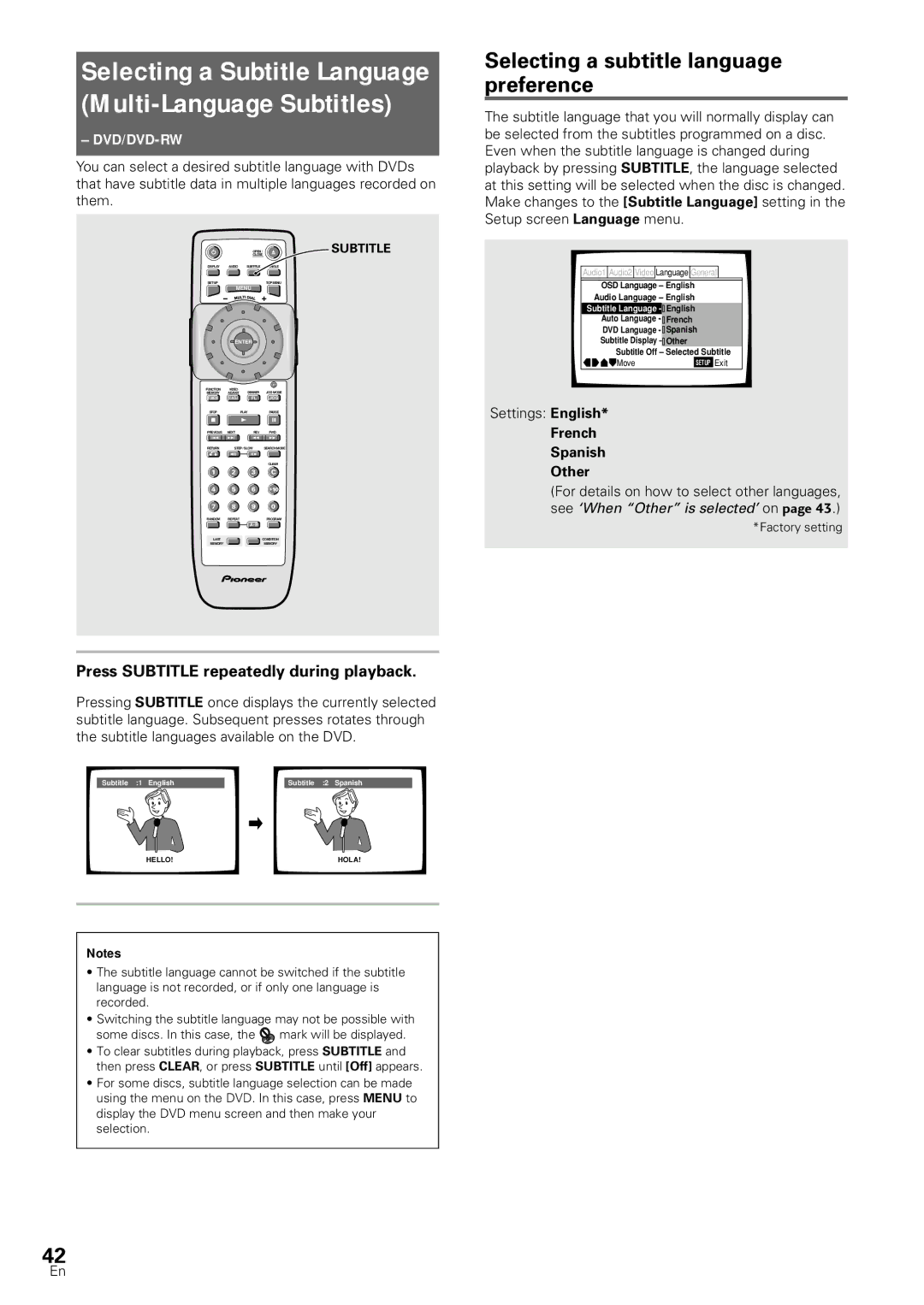 Pioneer DV-SS838A, DV-S88A Selecting a subtitle language preference, Press Subtitle repeatedly during playback 