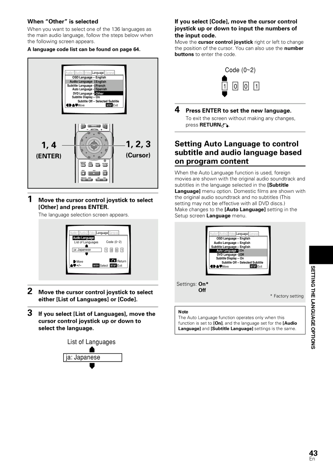 Pioneer DV-S88A, DV-SS838A When Other is selected, Press Enter to set the new language, Language code list can be found on 