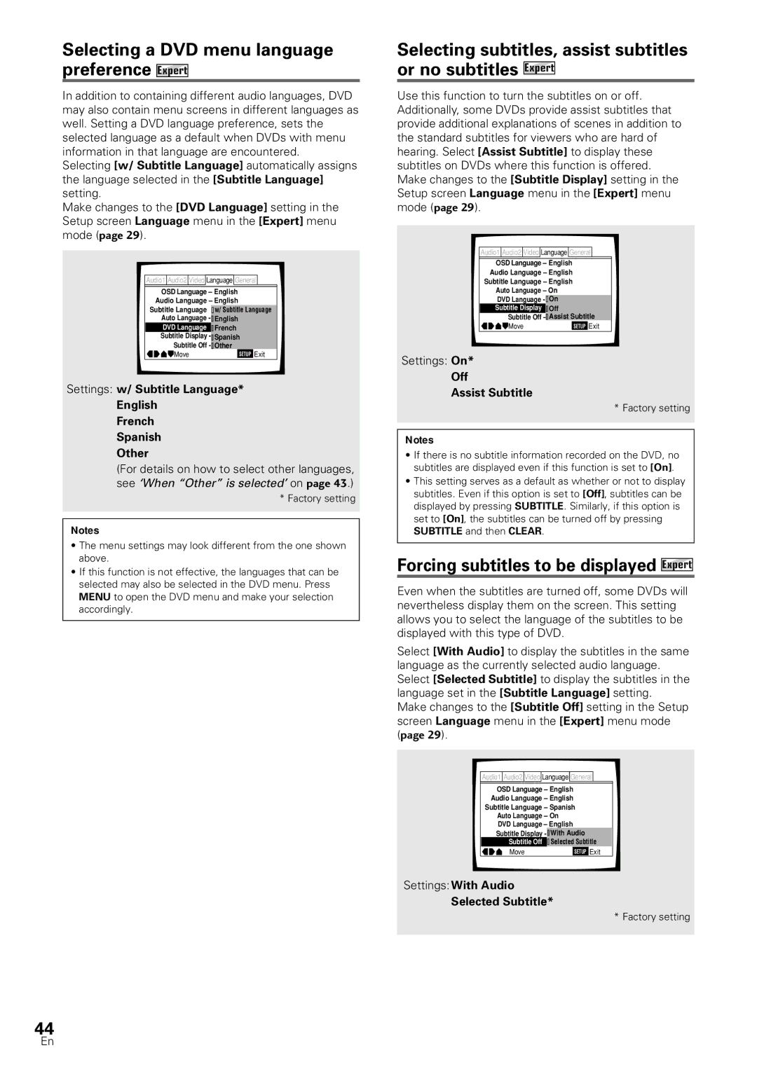 Pioneer DV-SS838A, DV-S88A Selecting a DVD menu language preference Expert, Forcing subtitles to be displayed Expert 