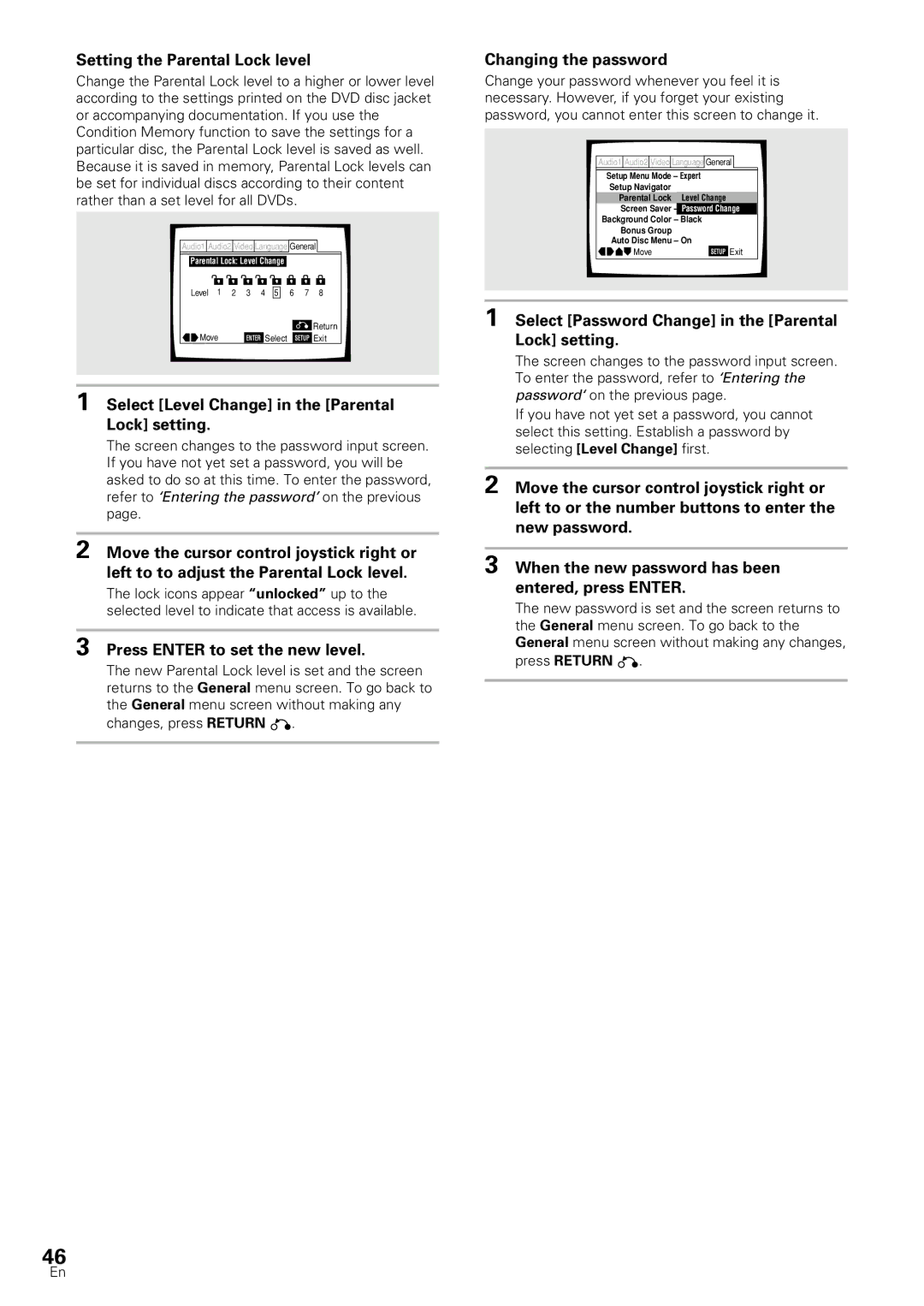 Pioneer DV-SS838A Setting the Parental Lock level, Select Level Change in the Parental Lock setting, Changing the password 