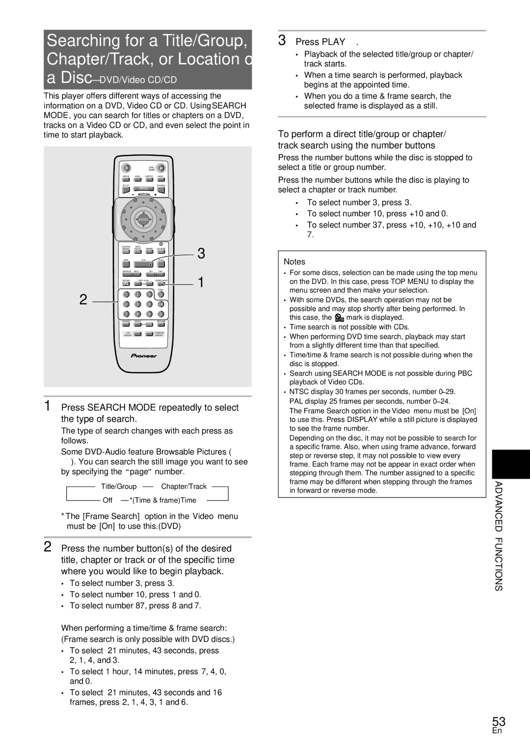 Pioneer DV-S88A, DV-SS838A Disc DVD/Video CD/CD, Press Search Mode repeatedly to select the type of search 