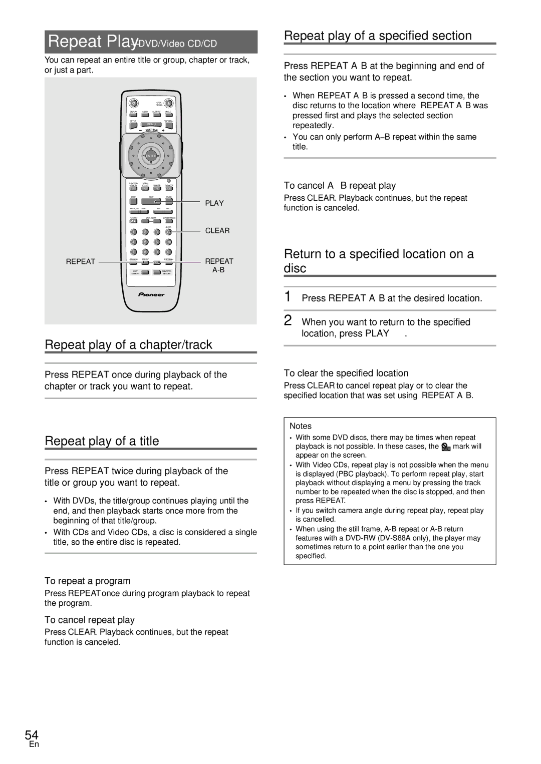 Pioneer DV-SS838A, DV-S88A Repeat play of a chapter/track, Repeat play of a title, Repeat play of a specified section 