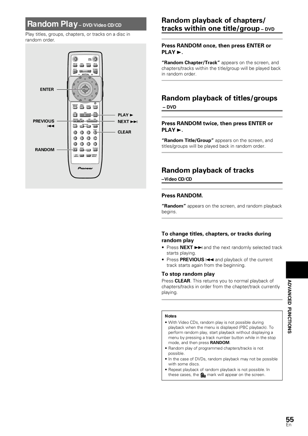 Pioneer DV-S88A, DV-SS838A Random playback of titles/groups, Random playback of tracks, Random Play DVD/Video CD/CD, Dvd 