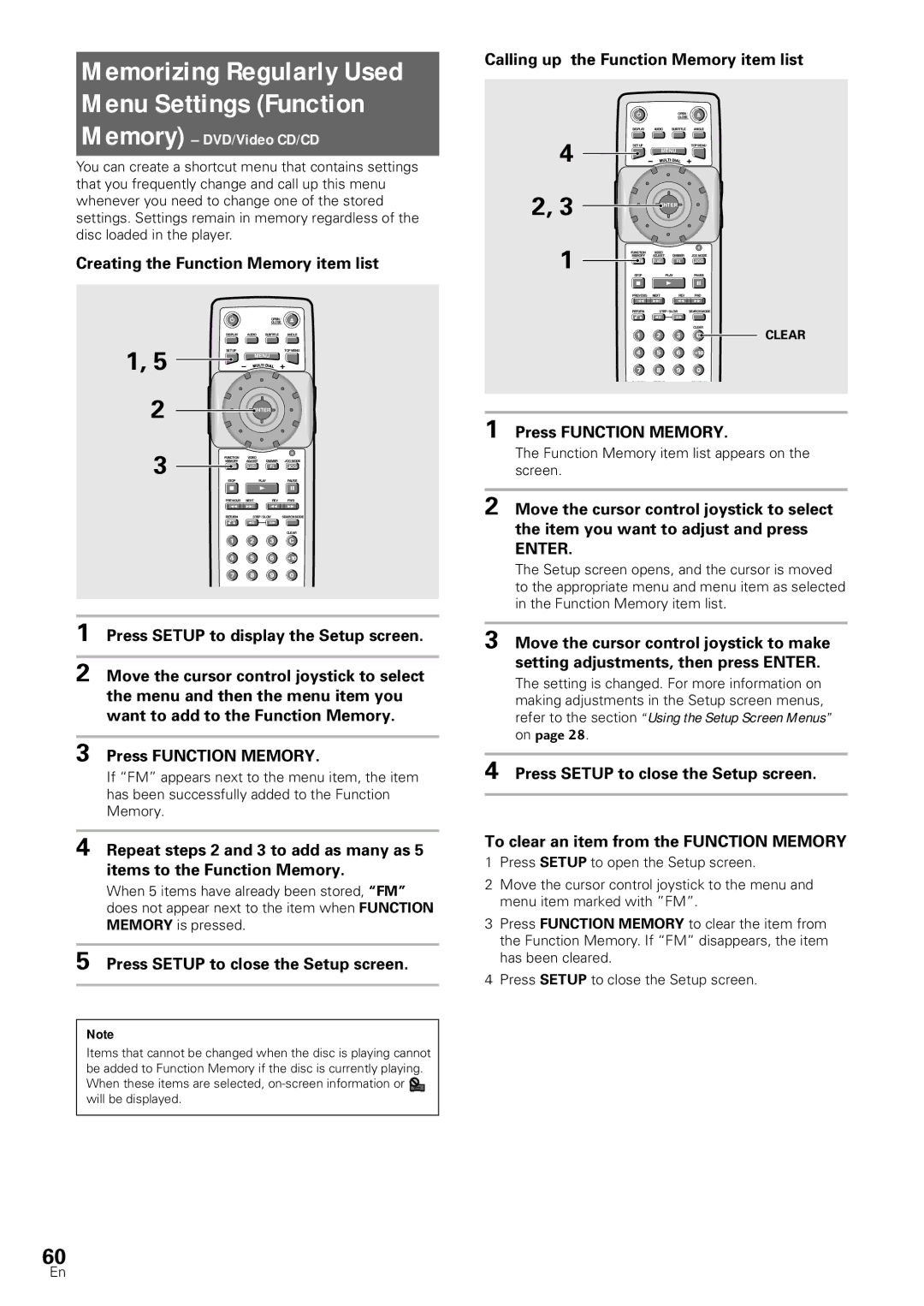 Pioneer DV-SS838A Memory DVD/Video CD/CD, Creating the Function Memory item list, Calling up the Function Memory item list 