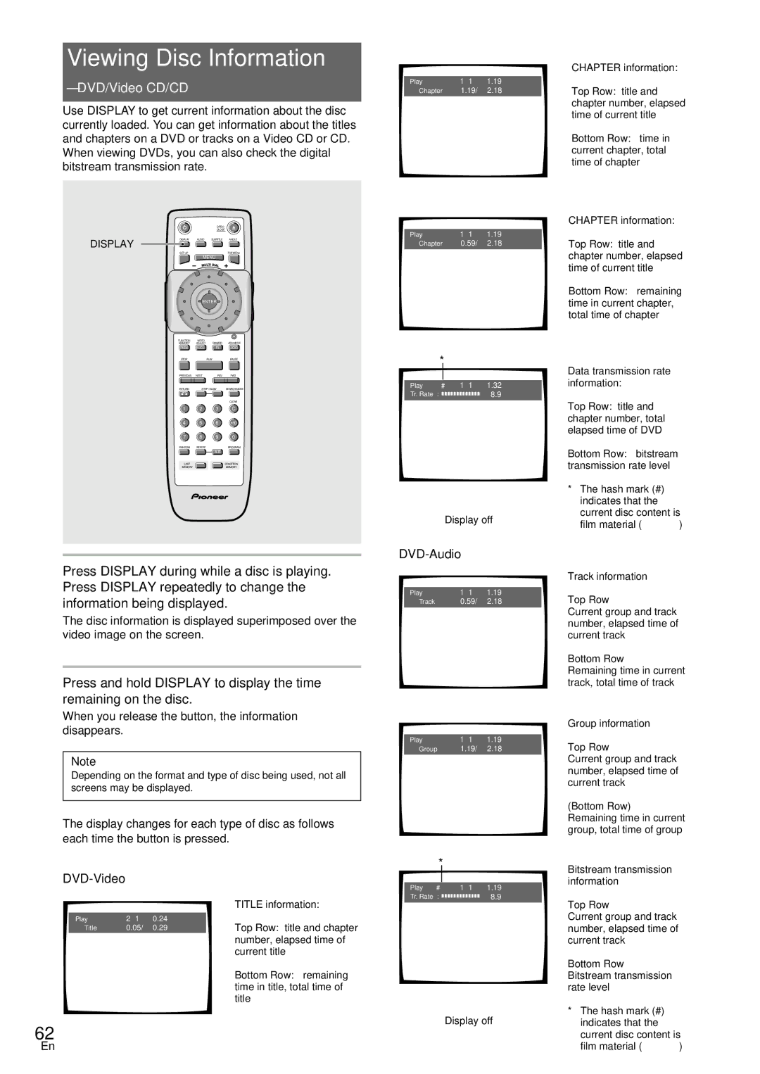 Pioneer DV-SS838A, DV-S88A Viewing Disc Information, When you release the button, the information disappears, DVD-Audio 