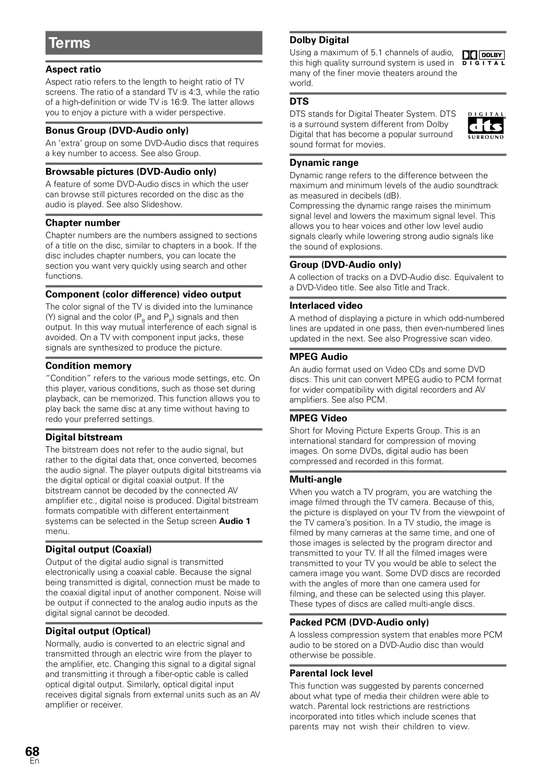 Pioneer DV-SS838A, DV-S88A operating instructions Terms, Dts 