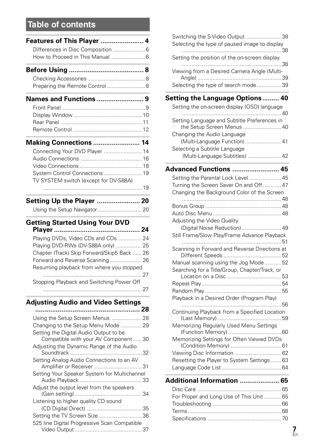 Pioneer DV-S88A, DV-SS838A operating instructions Table of contents 