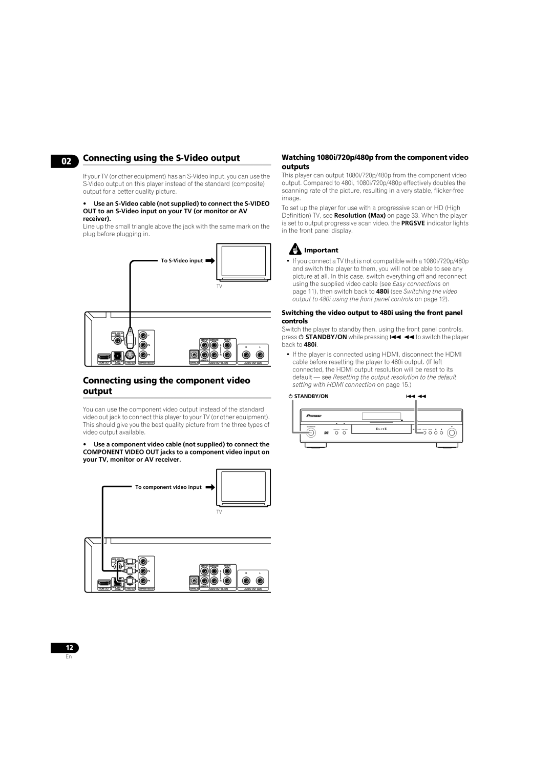 Pioneer DV58AV_KU_EN Connecting using the S-Video output, Connecting using the component video output 