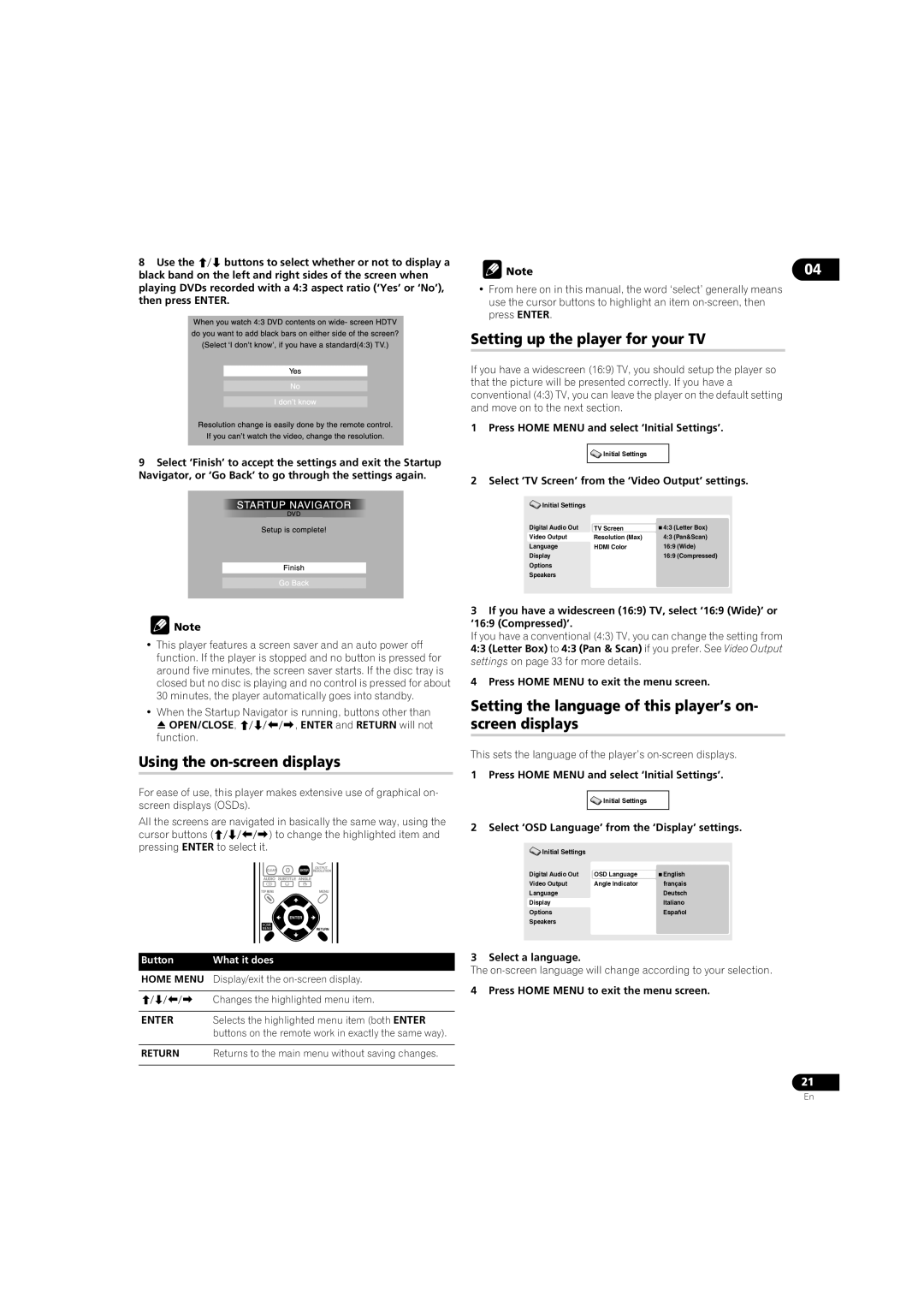 Pioneer DV58AV_KU_EN operating instructions Setting up the player for your TV, Using the on-screen displays, Return 