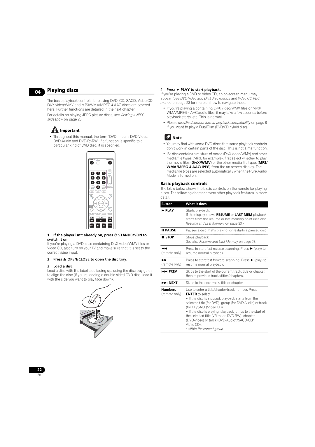 Pioneer DV58AV_KU_EN operating instructions Playing discs, Basic playback controls,  Play,  Stop 