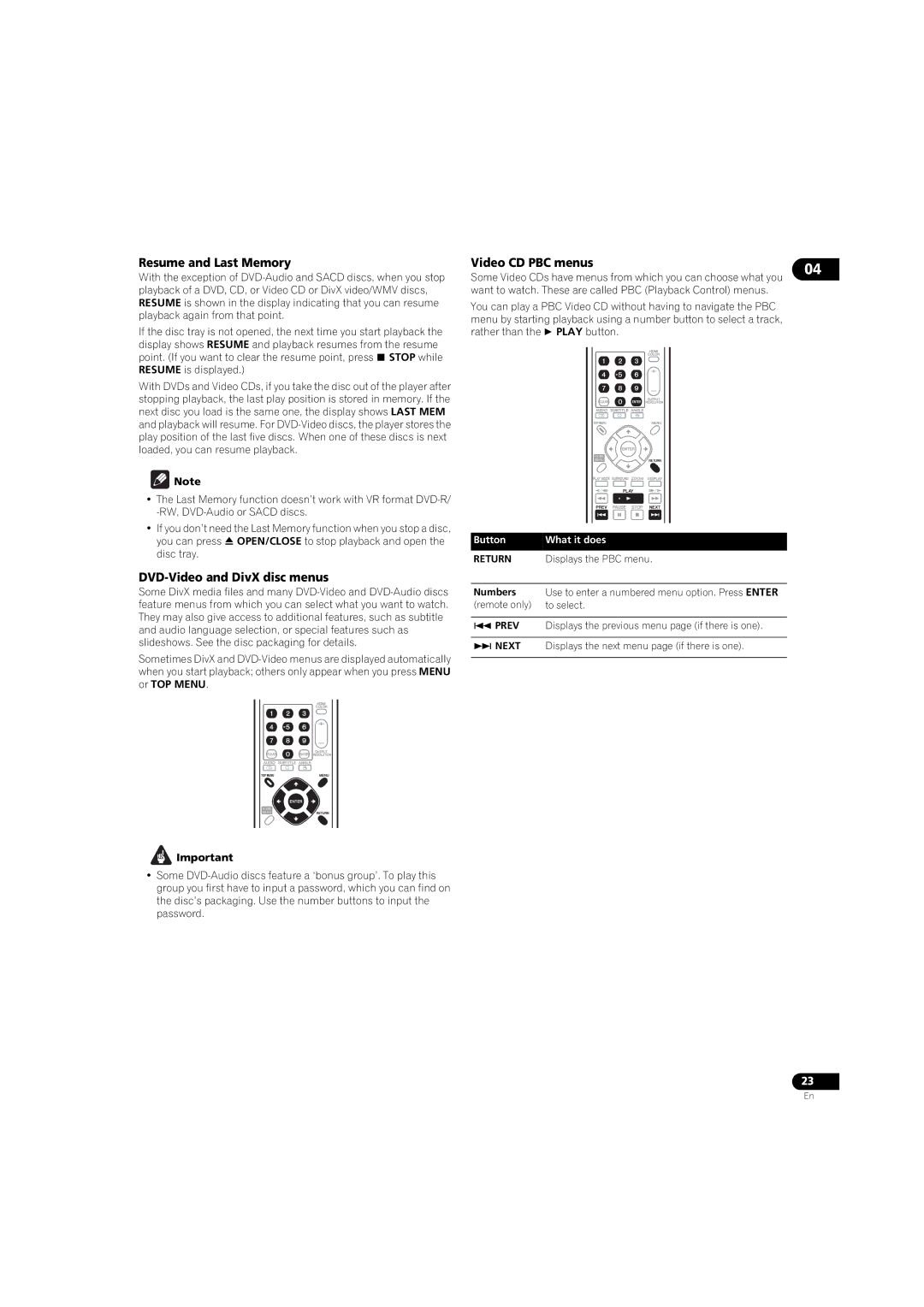 Pioneer DV58AV_KU_EN Resume and Last Memory, DVD-Video and DivX disc menus, Video CD PBC menus, Numbers 