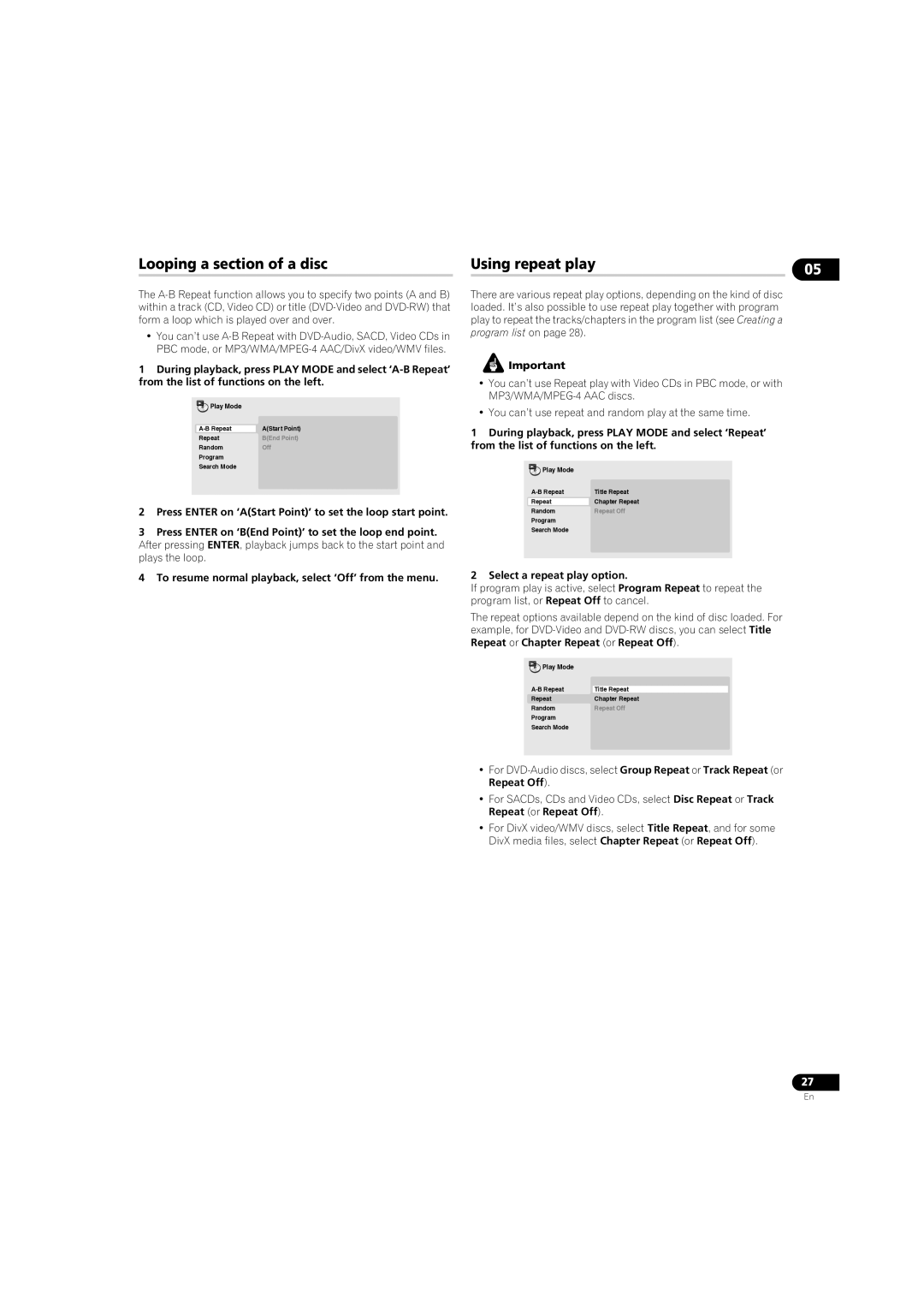 Pioneer DV58AV_KU_EN operating instructions Looping a section of a disc Using repeat play, Select a repeat play option 