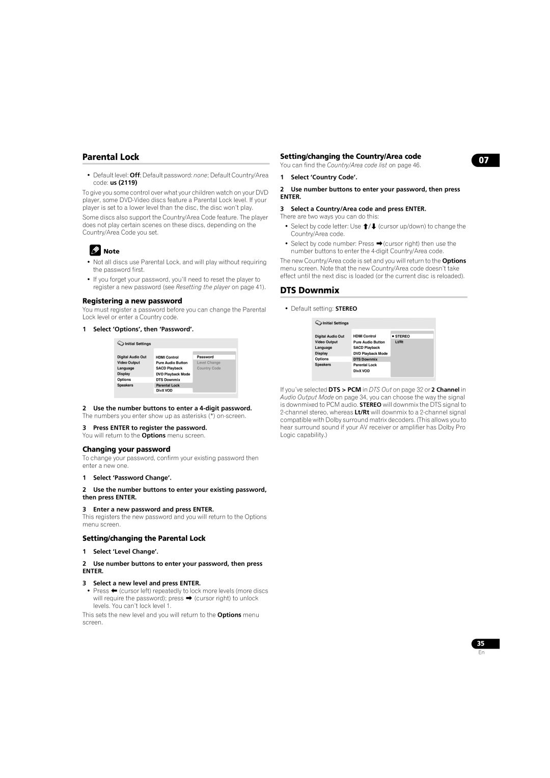 Pioneer DV58AV_KU_EN operating instructions Parental Lock, DTS Downmix 