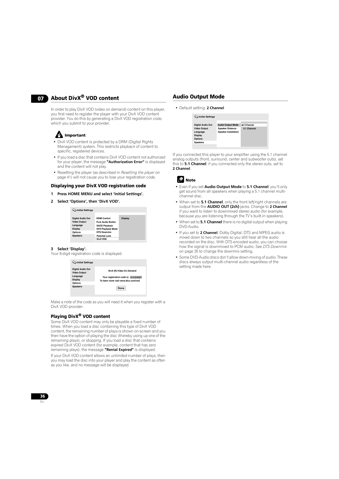 Pioneer DV58AV_KU_EN About DivX VOD content, Audio Output Mode, Displaying your DivX VOD registration code 