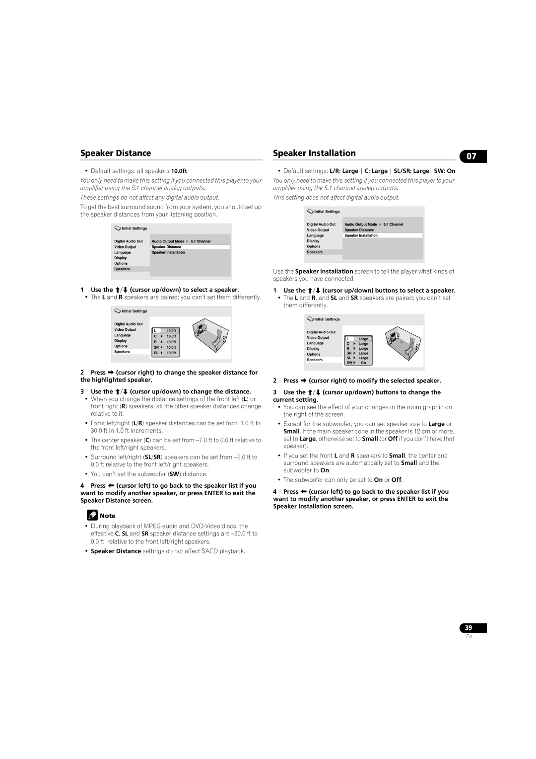 Pioneer DV58AV_KU_EN Speaker Distance, Speaker Installation, Use the / cursor up/down to select a speaker 