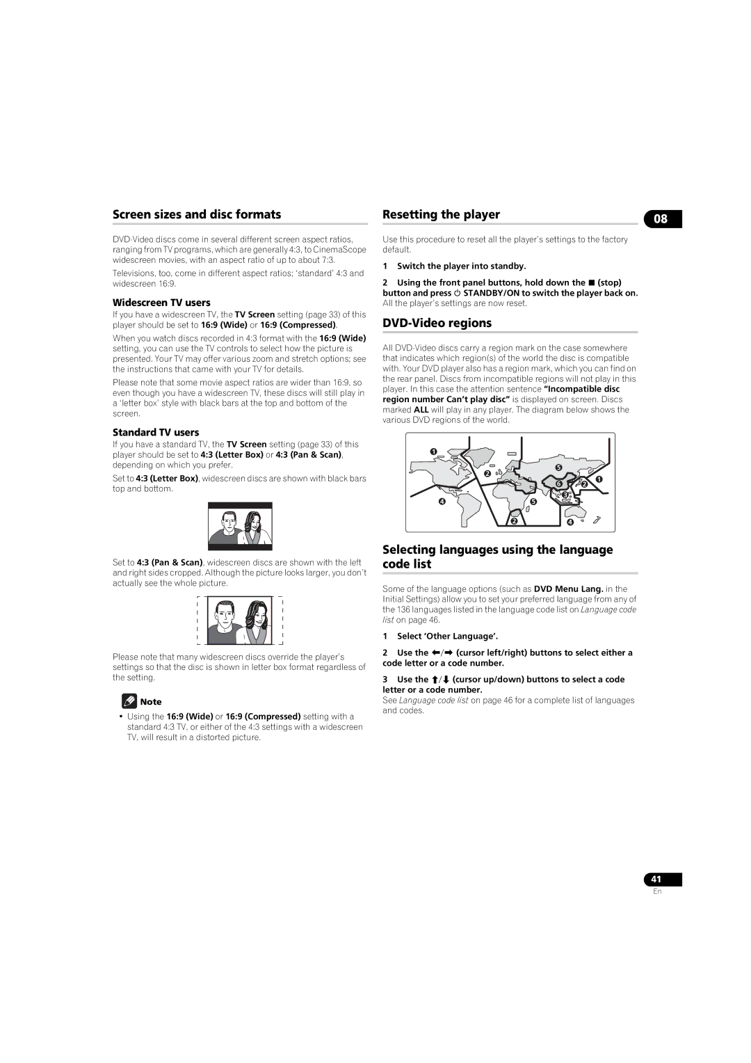 Pioneer DV58AV_KU_EN operating instructions Screen sizes and disc formats, Resetting the player, DVD-Video regions 