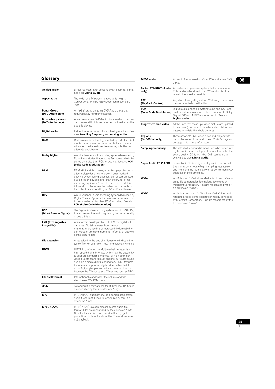 Pioneer DV58AV_KU_EN operating instructions Glossary, Aspect ratio 