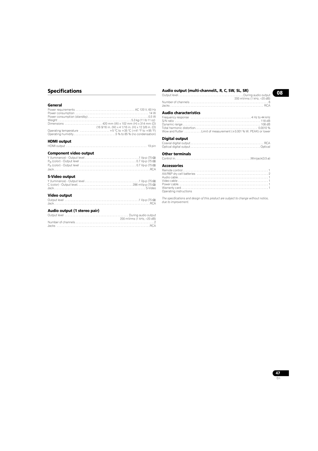 Pioneer DV58AV_KU_EN operating instructions Specifications 