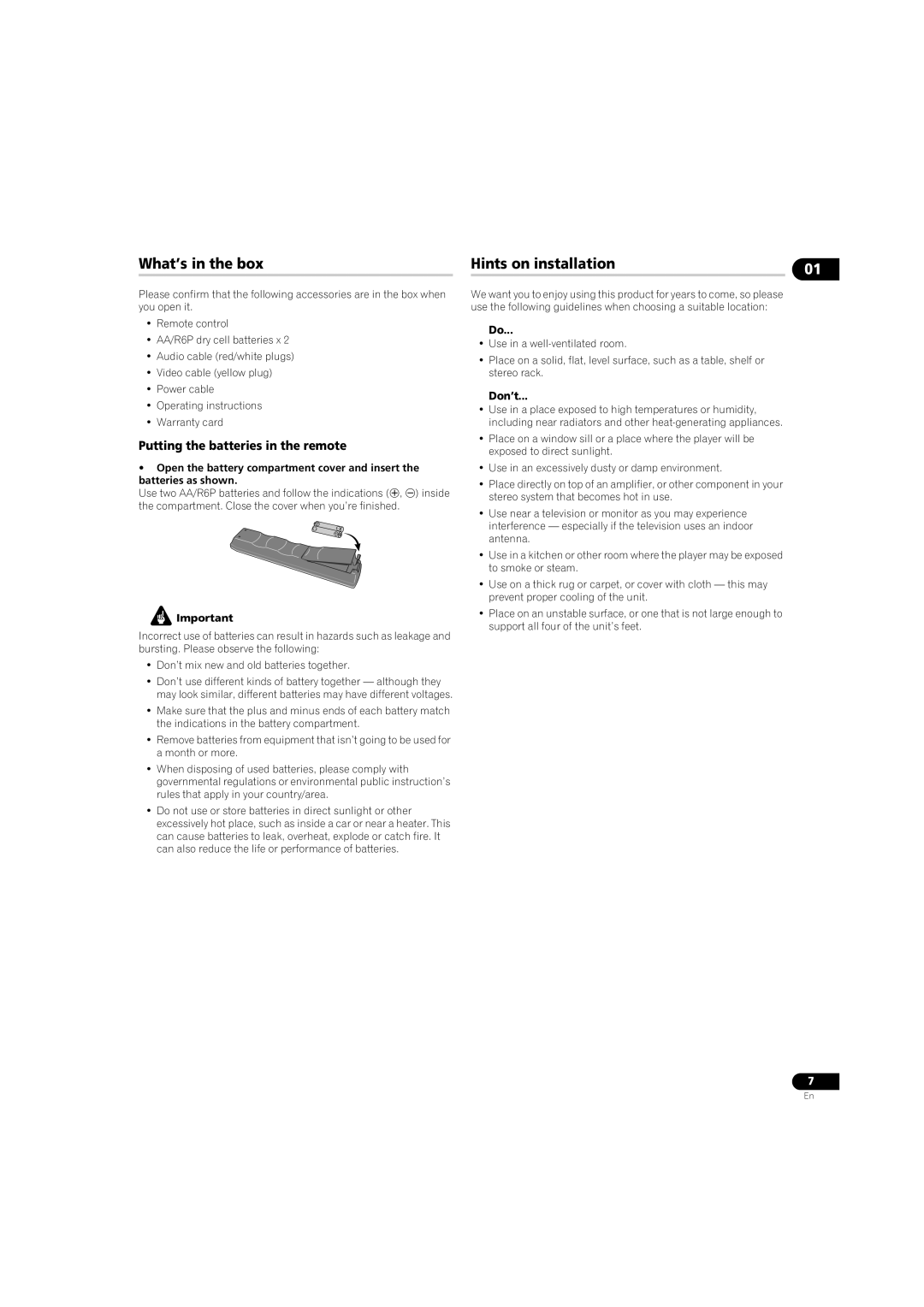 Pioneer DV58AV_KU_EN What’s in the box, Hints on installation, Putting the batteries in the remote, Don’t 