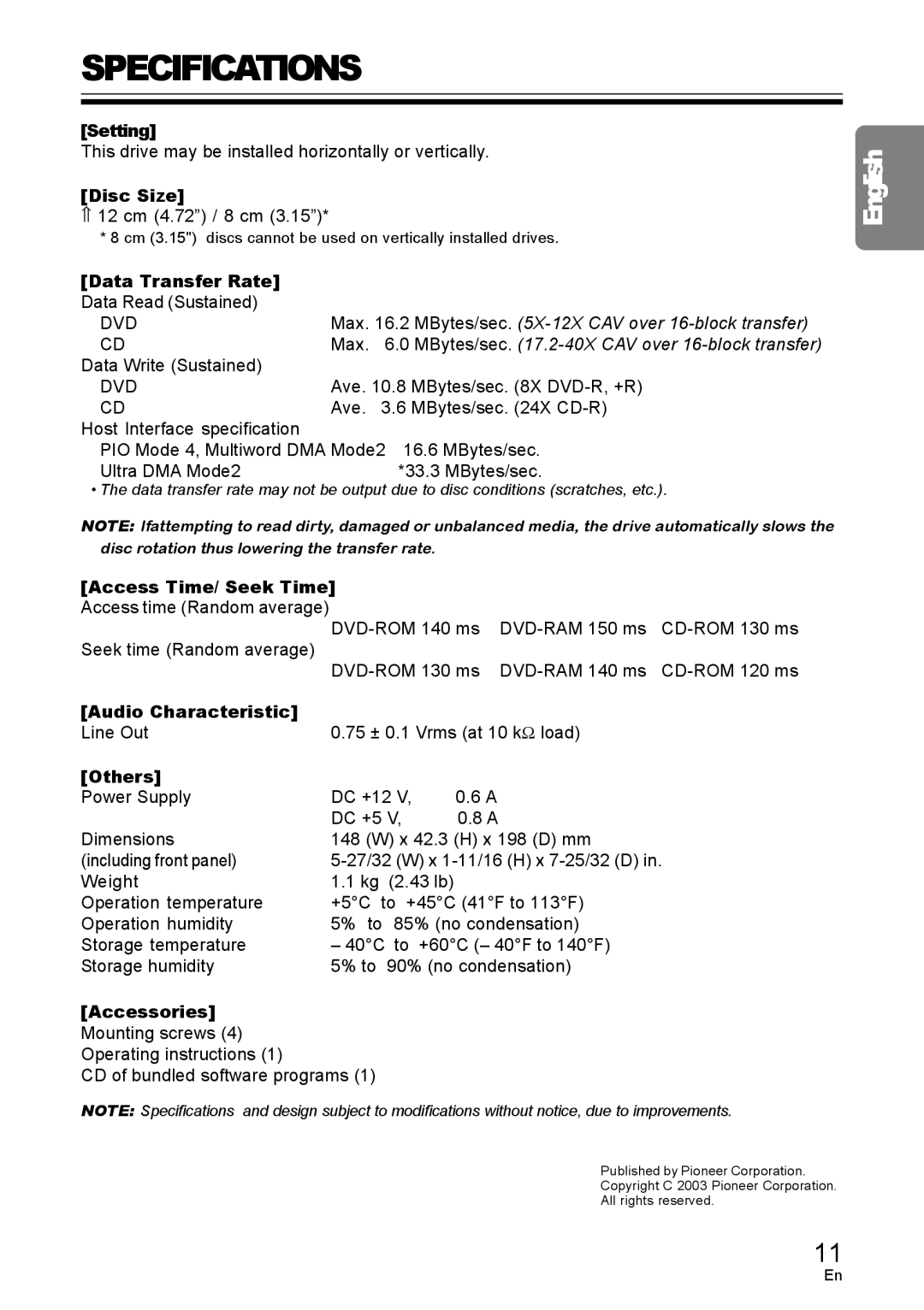 Pioneer DVD / CD WRITER operating instructions Specifications 