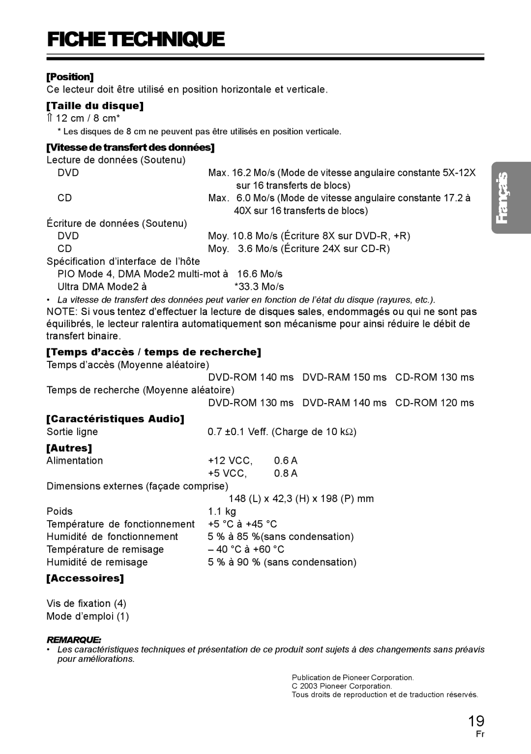 Pioneer DVD / CD WRITER operating instructions Fichetechnique 