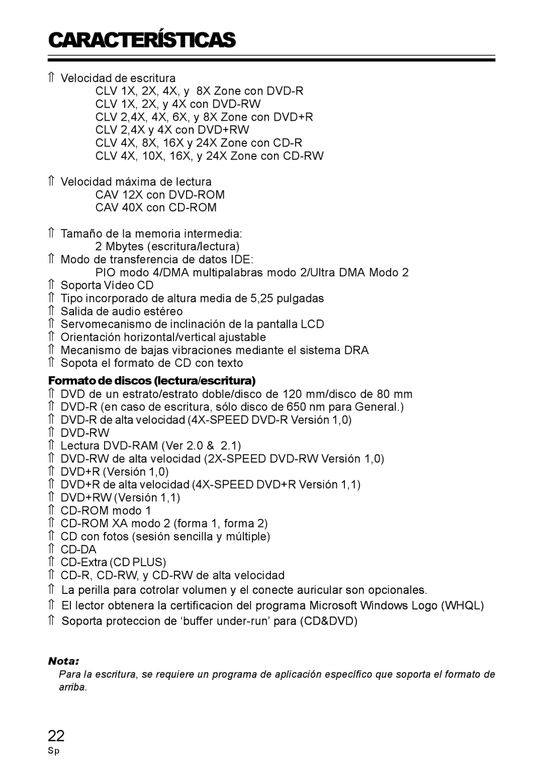 Pioneer DVD / CD WRITER operating instructions Características, Formato de discos lectura/escritura 