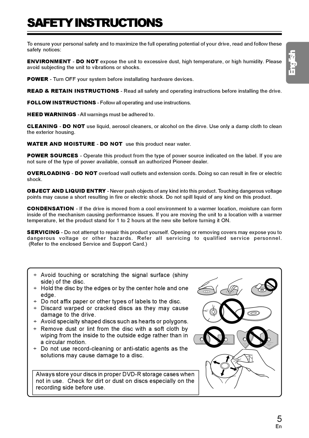 Pioneer DVD / CD WRITER operating instructions Safetyinstructions, English 