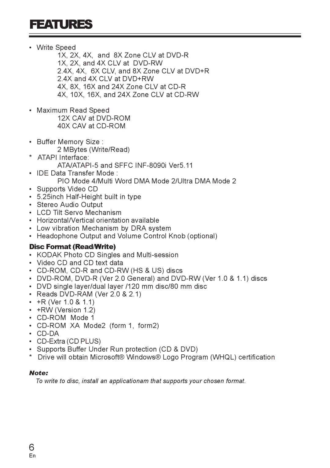 Pioneer DVD / CD WRITER operating instructions Features, Disc Format Read/Write 