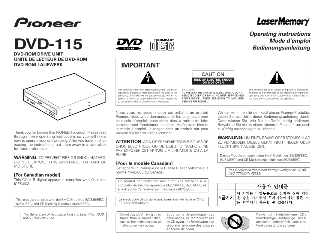 Pioneer DVD-115 operating instructions For Canadian model, Pour le modèle Canadien 