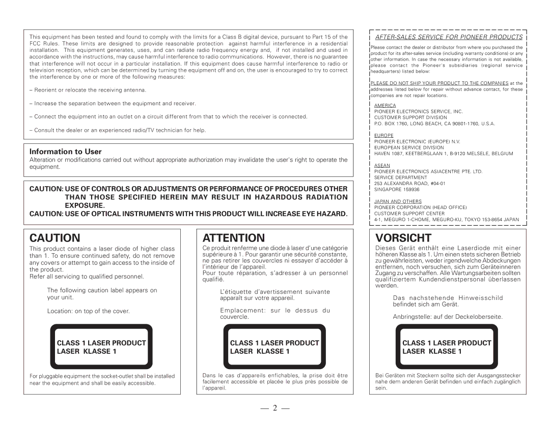 Pioneer DVD-115 operating instructions Vorsicht, Information to User 